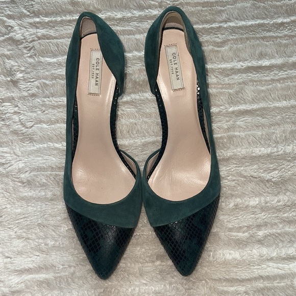Cole Haan Half D’orsay Pump Green suede and green snake skin women’s size 7 1/2B - Picture 3 of 8
